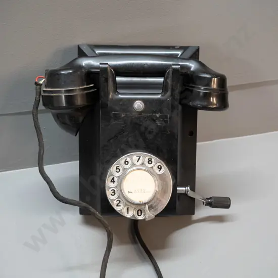 vintage bakelite wall-mount telephone with dial & hand crank, Milton 5992 insert - overall wear and tear H230 W160 D170