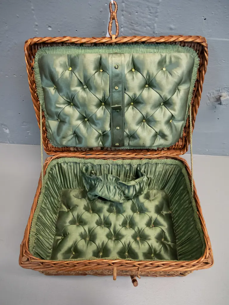 small woven cane work basket with quilted green satin lining H-160 W-280 D-210 Image 1++
