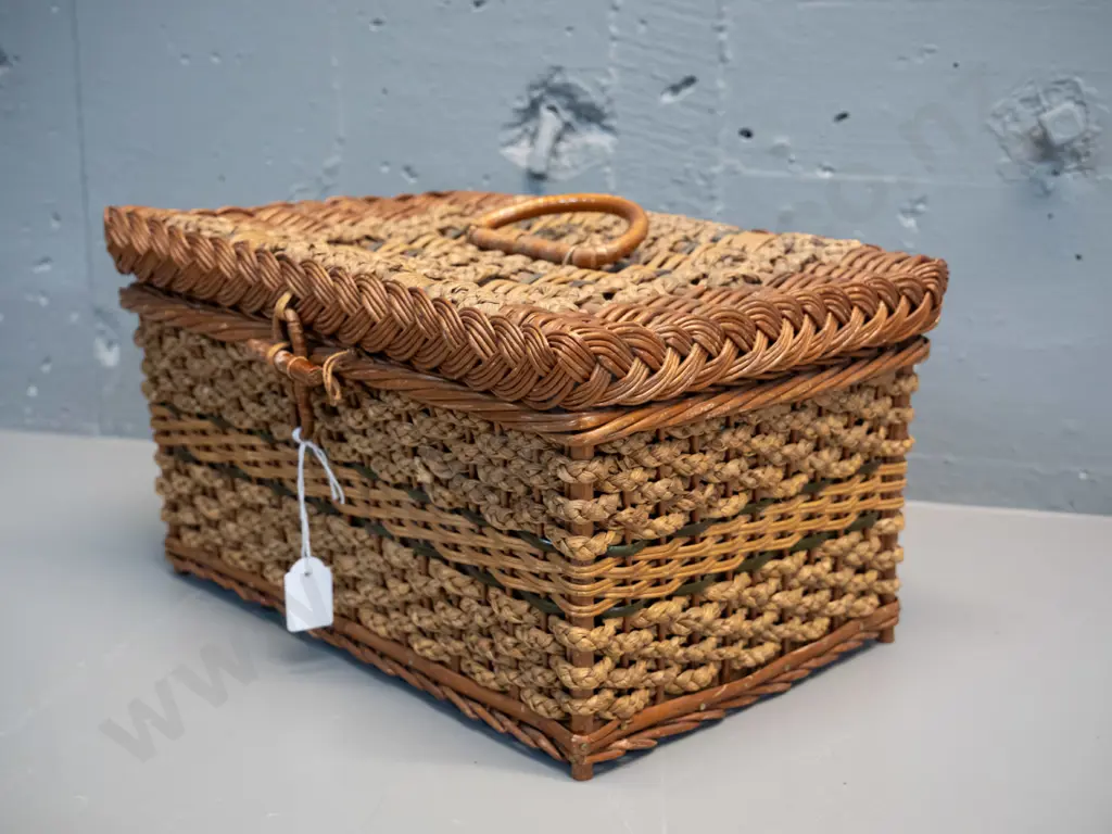 small woven cane work basket with quilted green satin lining H-160 W-280 D-210 Image 1++
