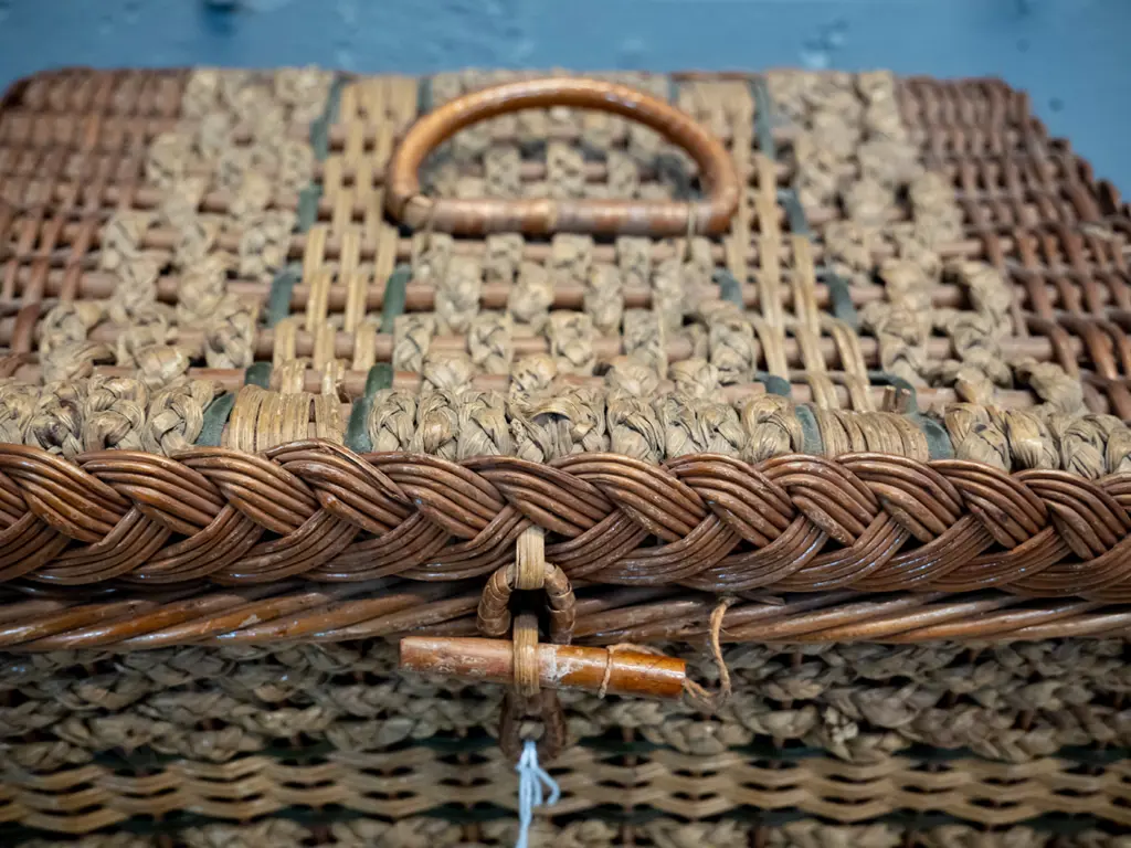 small woven cane work basket with quilted green satin lining H-160 W-280 D-210 Image 1++