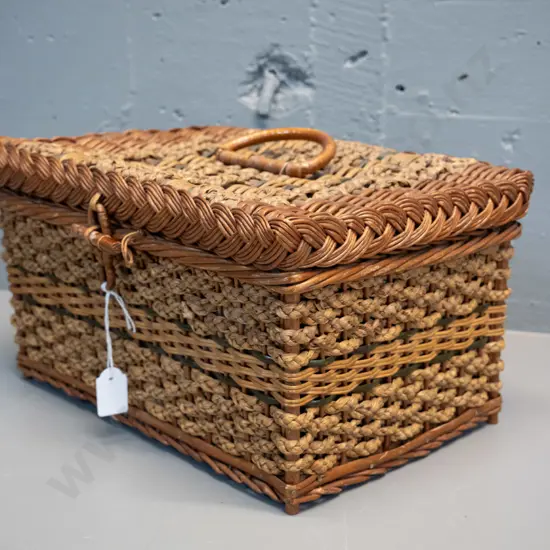 small woven cane work basket with quilted green satin lining H-160 W-280 D-210