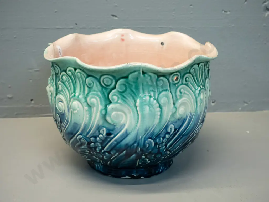 Majolica jardinière, pink inner with blue and green leaf patterned outer, marked Empress on base H-170 D-240 Image 1++