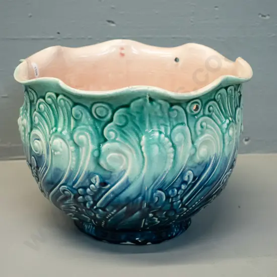 Majolica jardinière, pink inner with blue and green leaf patterned outer, marked Empress on base H-170 D-240