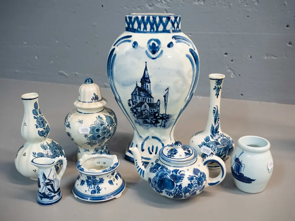 8 assorted hand-painted Delft blue & white items - miniature teapot, vases, lidded jar, jug, etc - large vase is H240 Image 1++