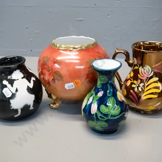Wade gilt & hand painted jug, hand painted floral footed bowl H140 D140 & 2 vases, one with figural pattern and a Thai
