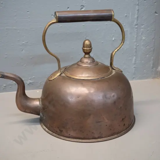 Victorian copper and brass kettle - note inside says circa 1890 - some dents and wear H-220 L-260