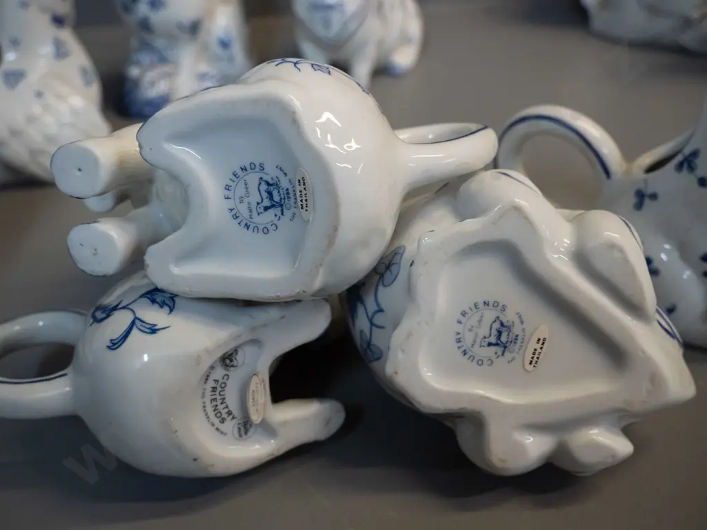 12 Franklin Mint blue & white "Country Friends" animal & bird themed creamer jugs - horse is H-130 L-130 Image 1++