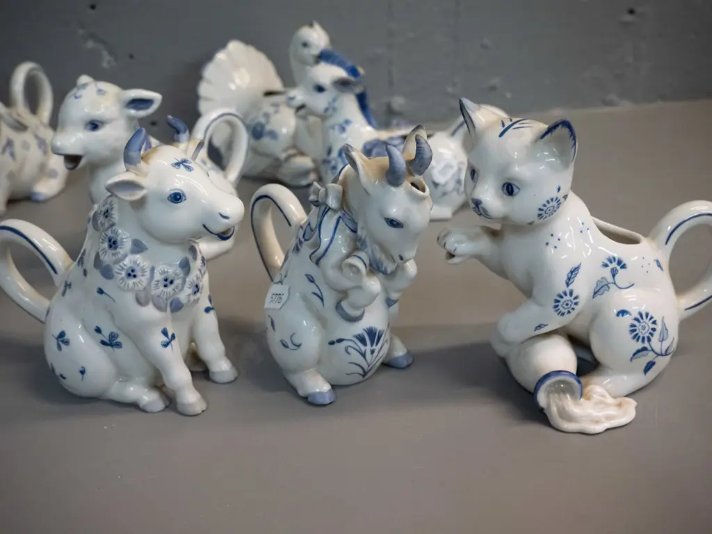 12 Franklin Mint blue & white "Country Friends" animal & bird themed creamer jugs - horse is H-130 L-130 Image 1++