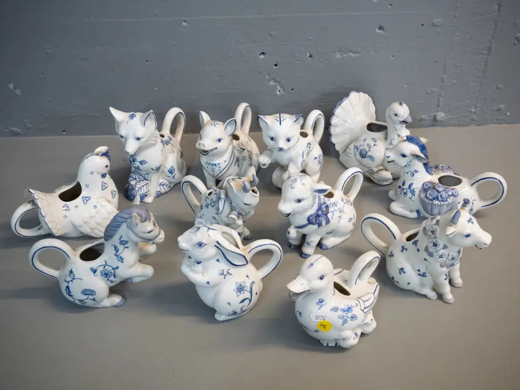 12 Franklin Mint blue & white "Country Friends" animal & bird themed creamer jugs - horse is H-130 L-130 Image 1++