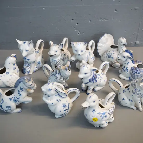 12 Franklin Mint blue & white "Country Friends" animal & bird themed creamer jugs - horse is H-130 L-130