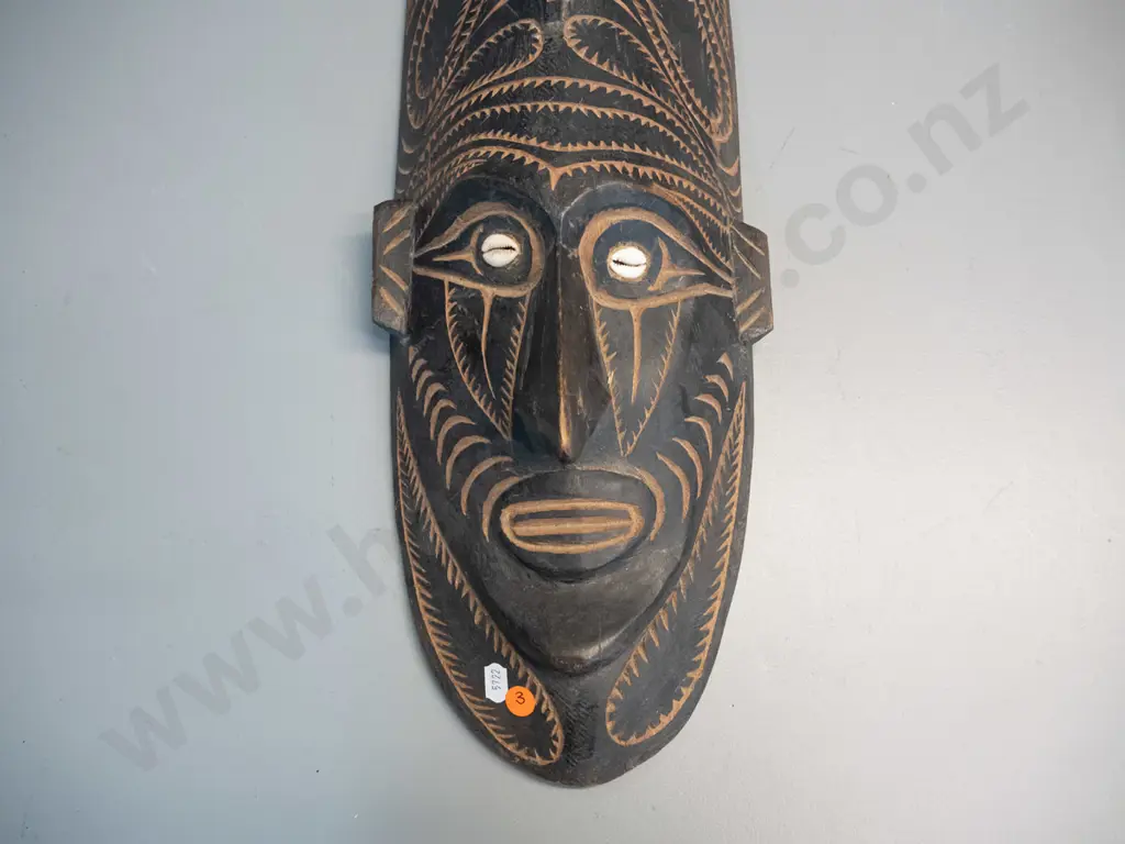 carved timber decorative wall mask with shell inset eyes H-700 W-210 Image 1++