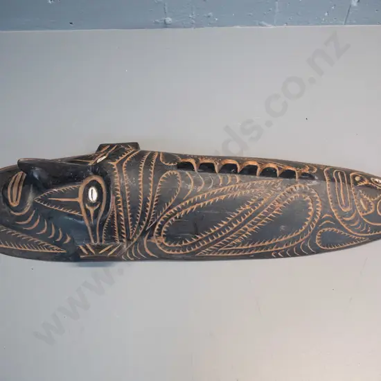 carved timber decorative wall mask with shell inset eyes H-700 W-210