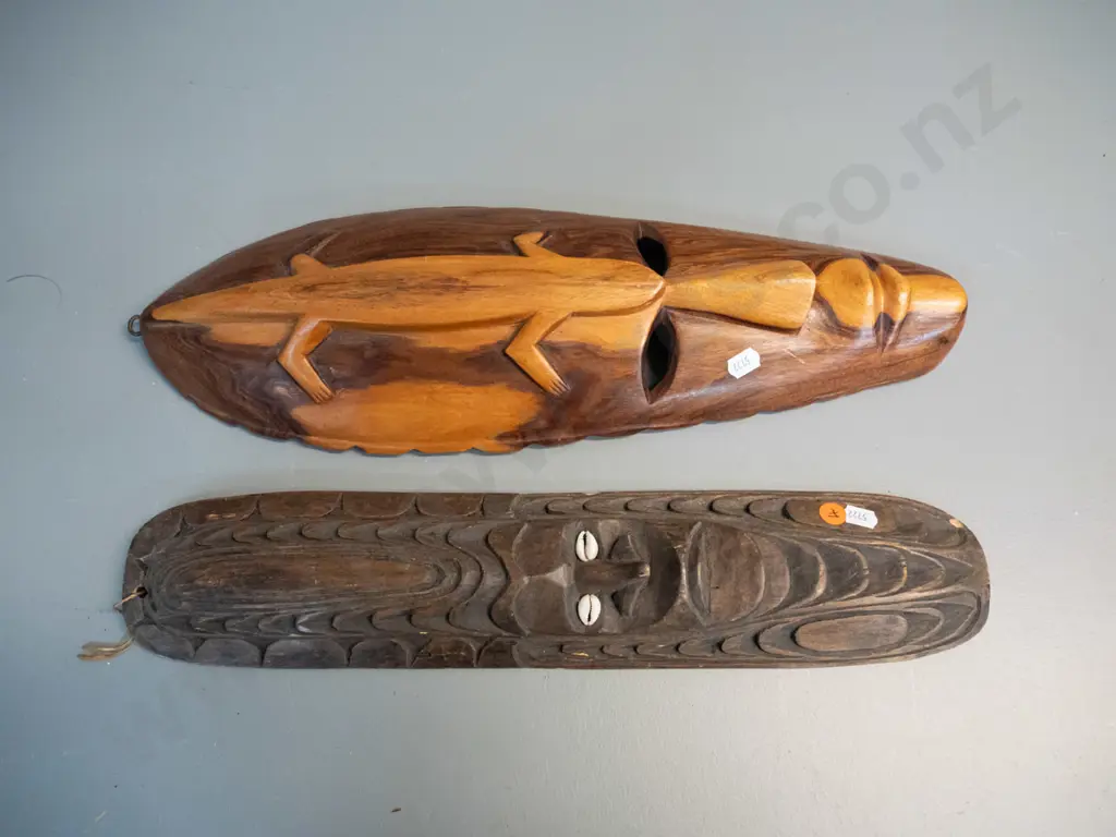2 carved timber decorative wall masks - one with shell inset eyes, one with relief lizard H-450 W-170 Image 1++