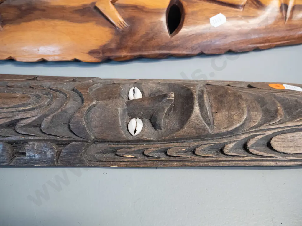 2 carved timber decorative wall masks - one with shell inset eyes, one with relief lizard H-450 W-170 Image 1++