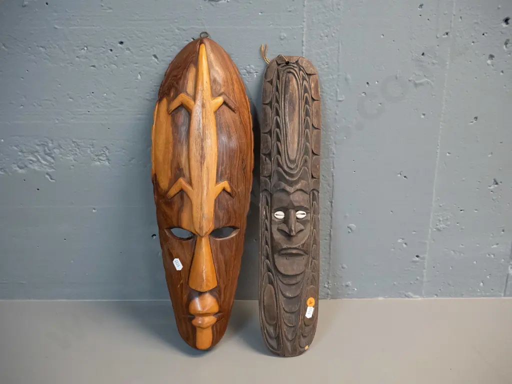 2 carved timber decorative wall masks - one with shell inset eyes, one with relief lizard H-450 W-170 Image 1++