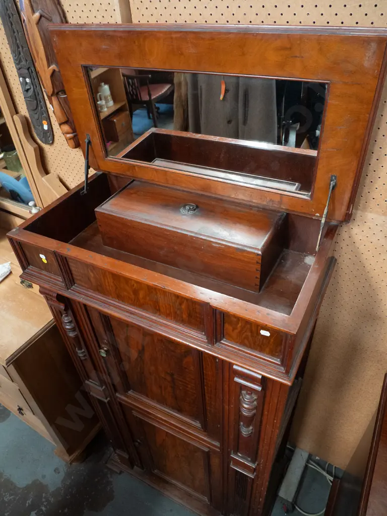 Victorian walnut cabin chest - plaque with maker's info C. Ash & Co. - with lift-up mirrored lid, lidded Image 1++