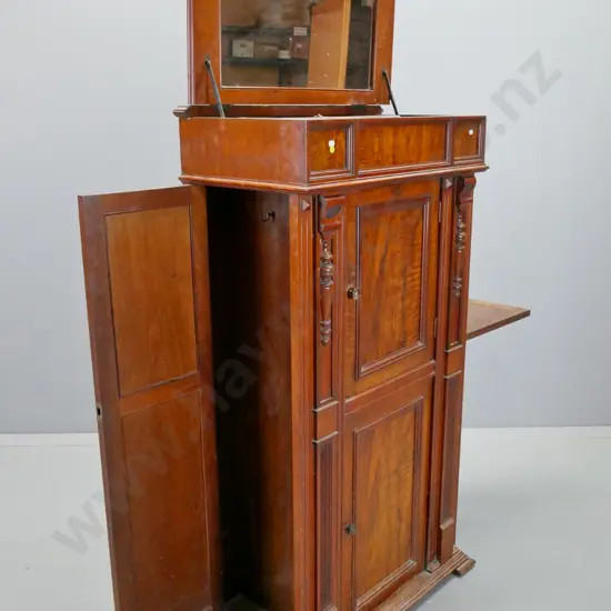 Victorian walnut cabin chest - plaque with maker's info C. Ash & Co. - with lift-up mirrored lid, lidded