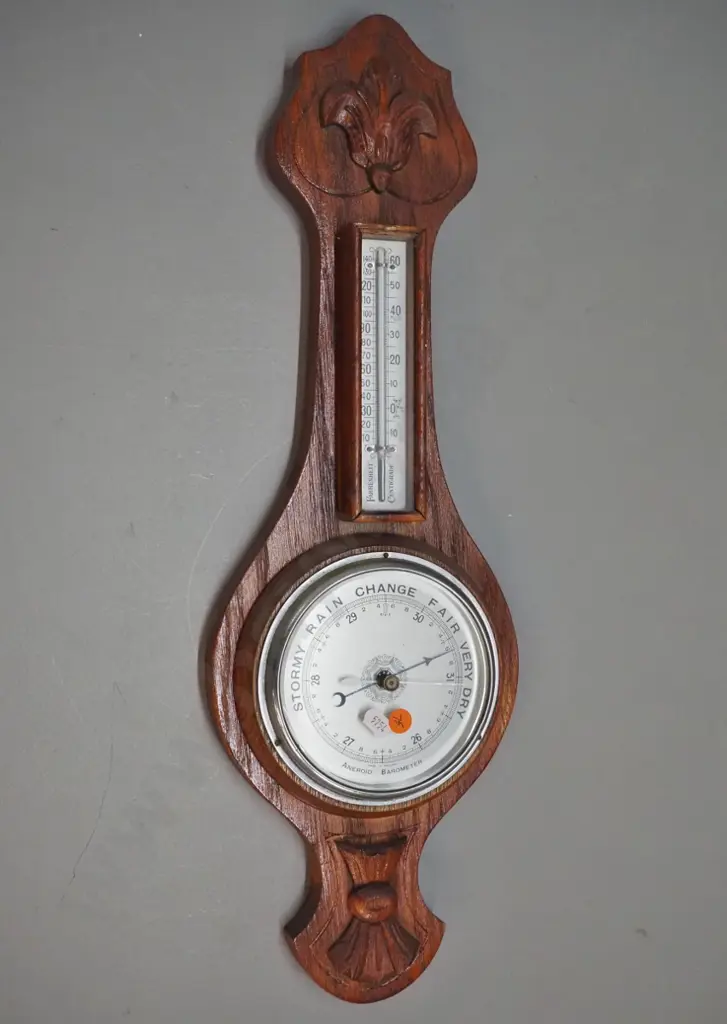 vintage oak-cased wall barometer-thermometer marked Aneroid - made in England H-580 Image 1++