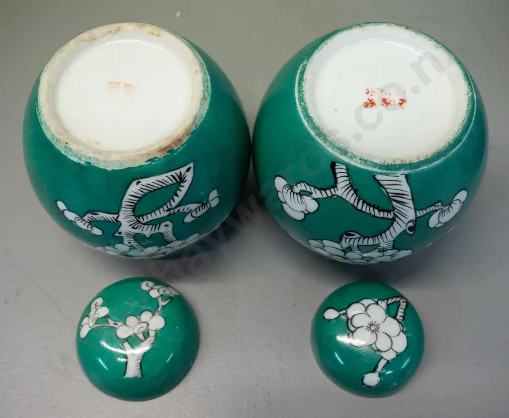 6 Chinese plum blossom pattern lidded ginger jars - 4 blue and 2 green glaze, largest is H-160 D-140, lighter blue one Image 1++
