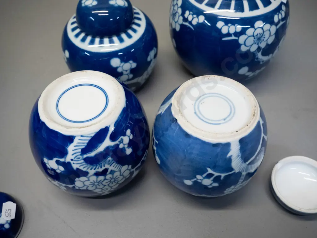 6 Chinese plum blossom pattern lidded ginger jars - 4 blue and 2 green glaze, largest is H-160 D-140, lighter blue one Image 1++