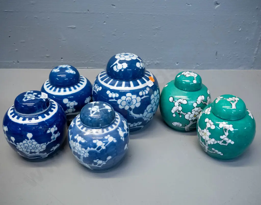 6 Chinese plum blossom pattern lidded ginger jars - 4 blue and 2 green glaze, largest is H-160 D-140, lighter blue one Image 1++