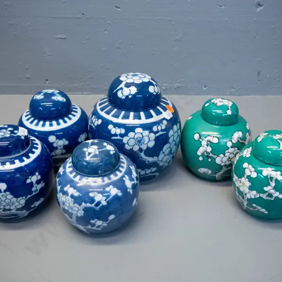 6 Chinese plum blossom pattern lidded ginger jars - 4 blue and 2 green glaze, largest is H-160 D-140, lighter blue one