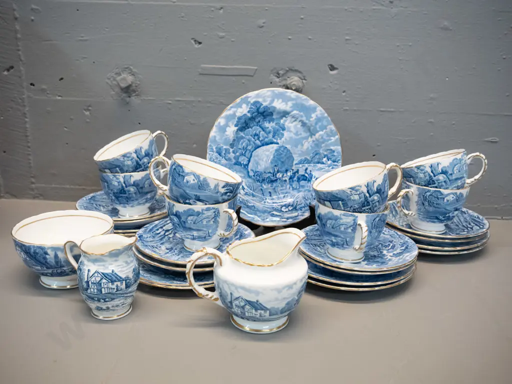 H&M Rural Scenes 26-piece tea set with 8 trios, 2 jugs - sugar bowl and one jug has browning Image 1++