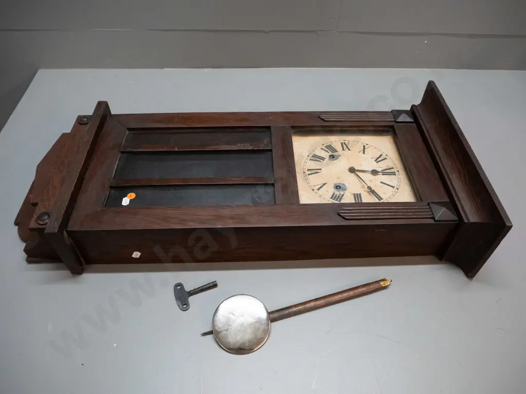 vintage timber cased chiming wall clock - W.L. GIlbert USA label on back - polish needs attention, screw hole to backing Image 1++