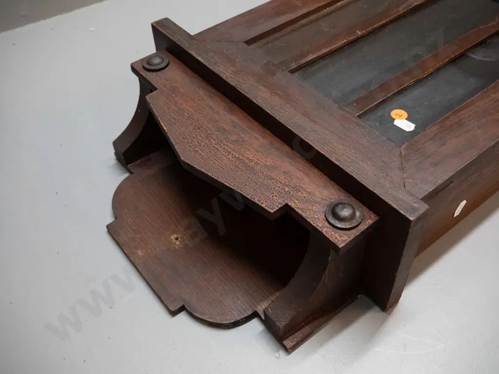 vintage timber cased chiming wall clock - W.L. GIlbert USA label on back - polish needs attention, screw hole to backing Image 1++