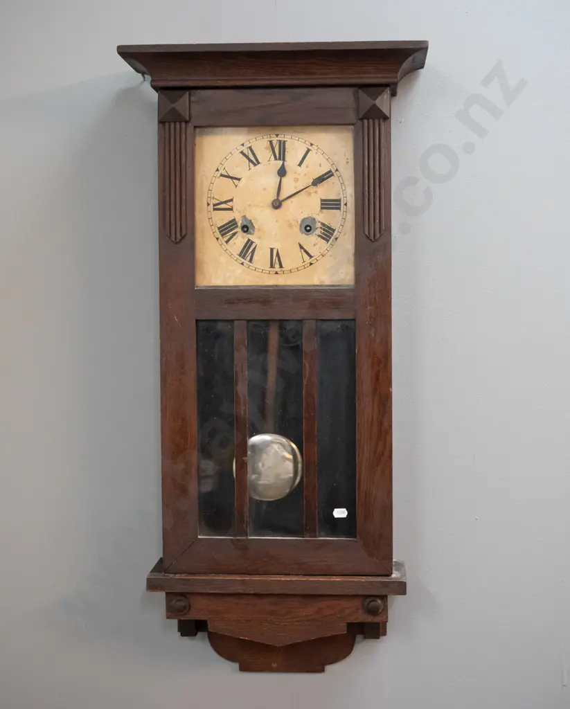vintage timber cased chiming wall clock - W.L. GIlbert USA label on back - polish needs attention, screw hole to backing Image 1++