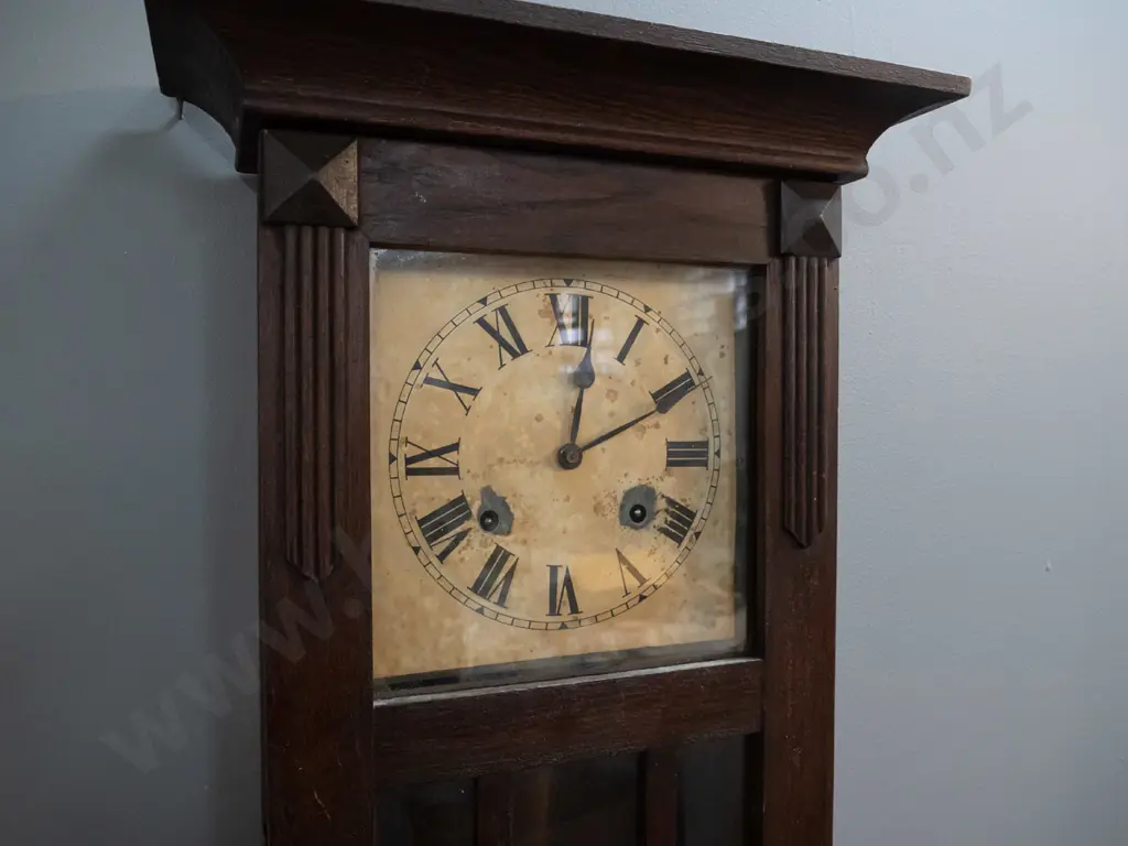 vintage timber cased chiming wall clock - W.L. GIlbert USA label on back - polish needs attention, screw hole to backing Image 1++