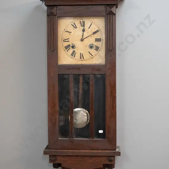 vintage timber cased chiming wall clock - W.L. GIlbert USA label on back - polish needs attention, screw hole to backing