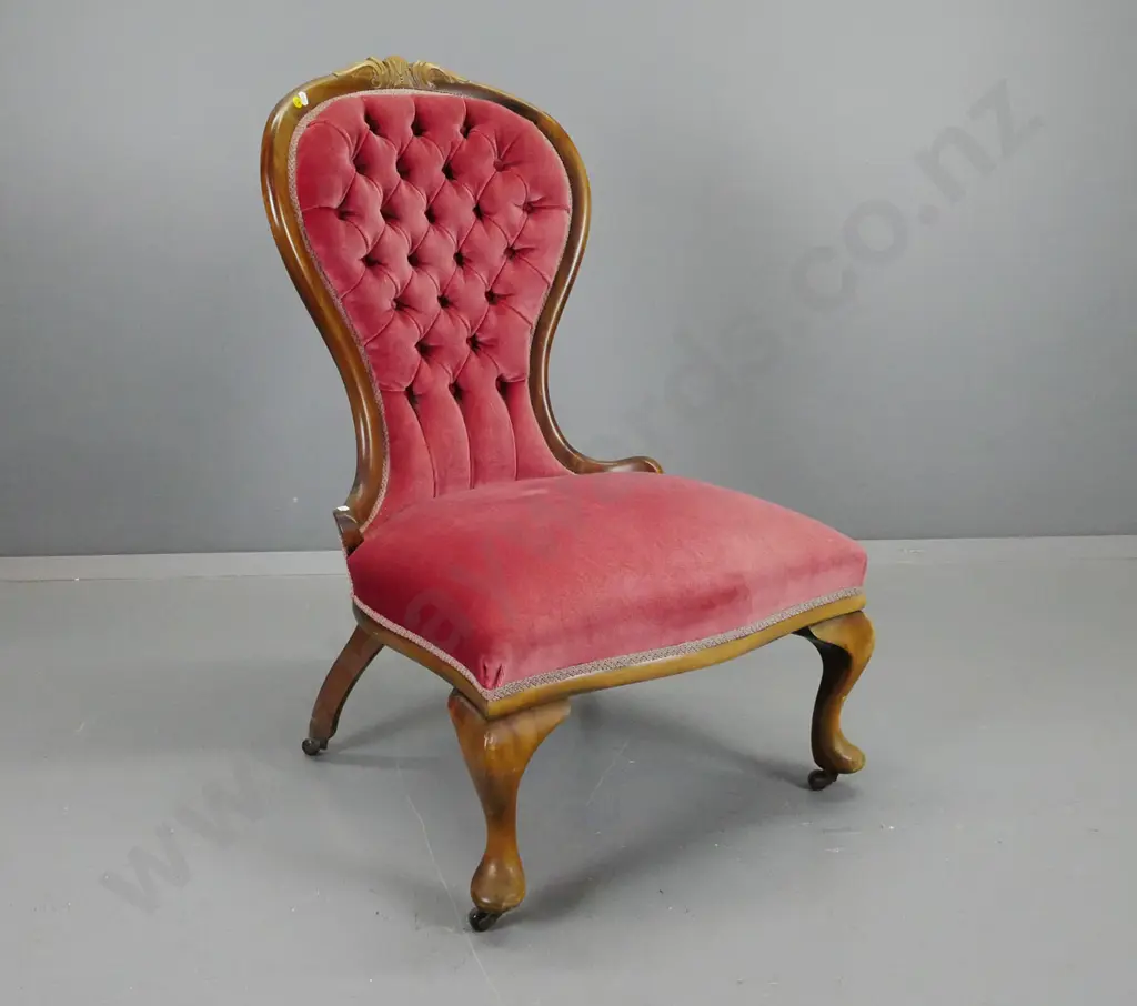 vintage Victorian style mahogany cab-leg lady's chair w/ shaped deep-button back, pink velvet, on porcelain casters Image 1++