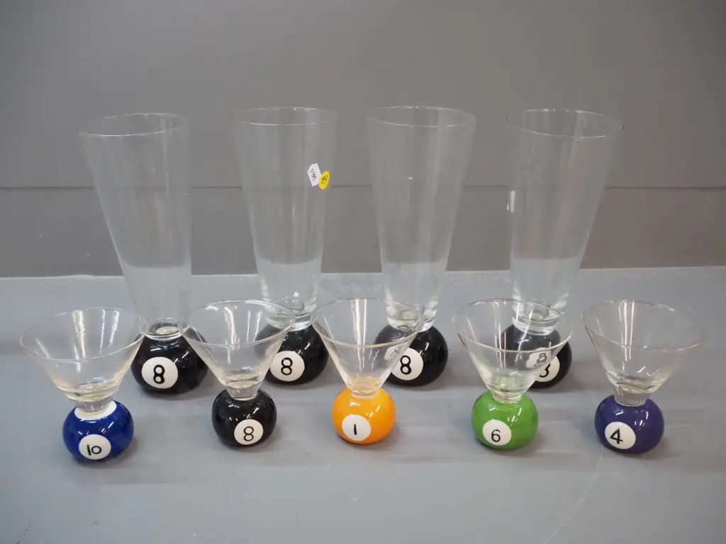 billiard ball drinking glasses with ceramic bases - 4 highball H-220 and 5 smaller size Image 1++