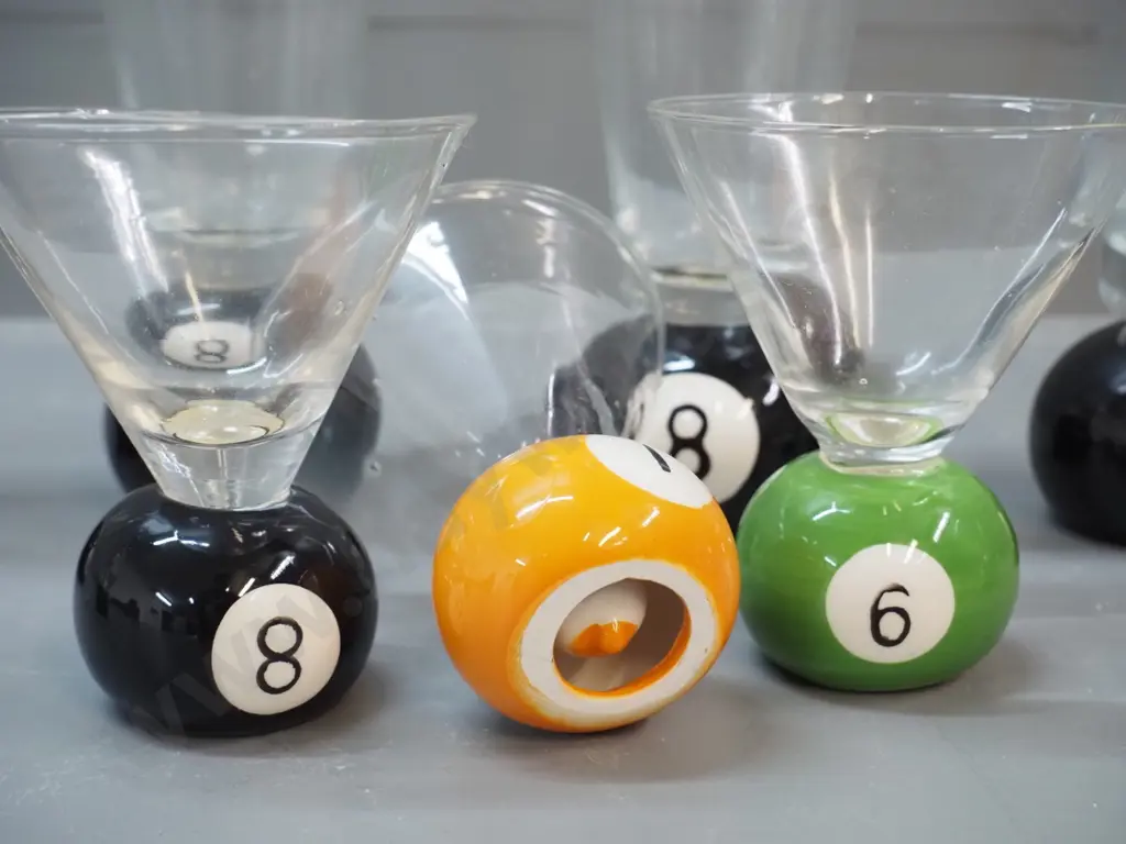 billiard ball drinking glasses with ceramic bases - 4 highball H-220 and 5 smaller size Image 1++