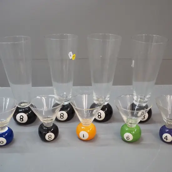 billiard ball drinking glasses with ceramic bases - 4 highball H-220 and 5 smaller size
