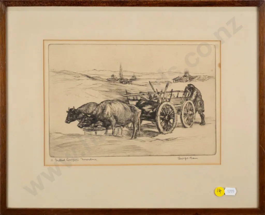 George Bain 1925 -framed etching "An Bullock Waggon Macedonia" (very slight foxing) H-160 W-240 Image 1++