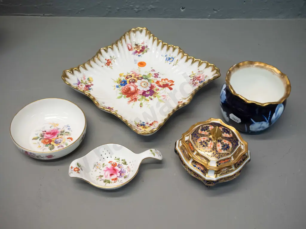 4 English bone china items - Hammersley Lady Patricia dish 180x180, Royal Crown Derby posies tea strainer & dish, Royal Image 1++