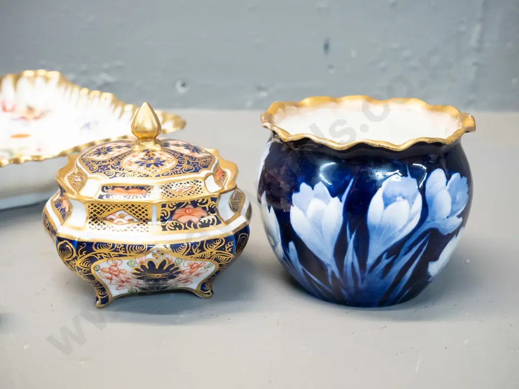 4 English bone china items - Hammersley Lady Patricia dish 180x180, Royal Crown Derby posies tea strainer & dish, Royal Image 1++