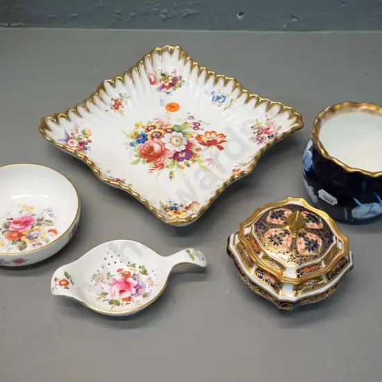 4 English bone china items - Hammersley Lady Patricia dish 180x180, Royal Crown Derby posies tea strainer & dish, Royal