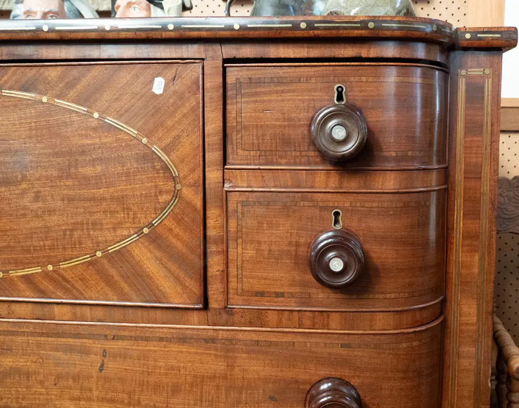 early Victorian mahogany bow-front 6-drawer chest w/central pull-out secretaire, fitted w/6 small drawers & pigeonholes, Image 1++
