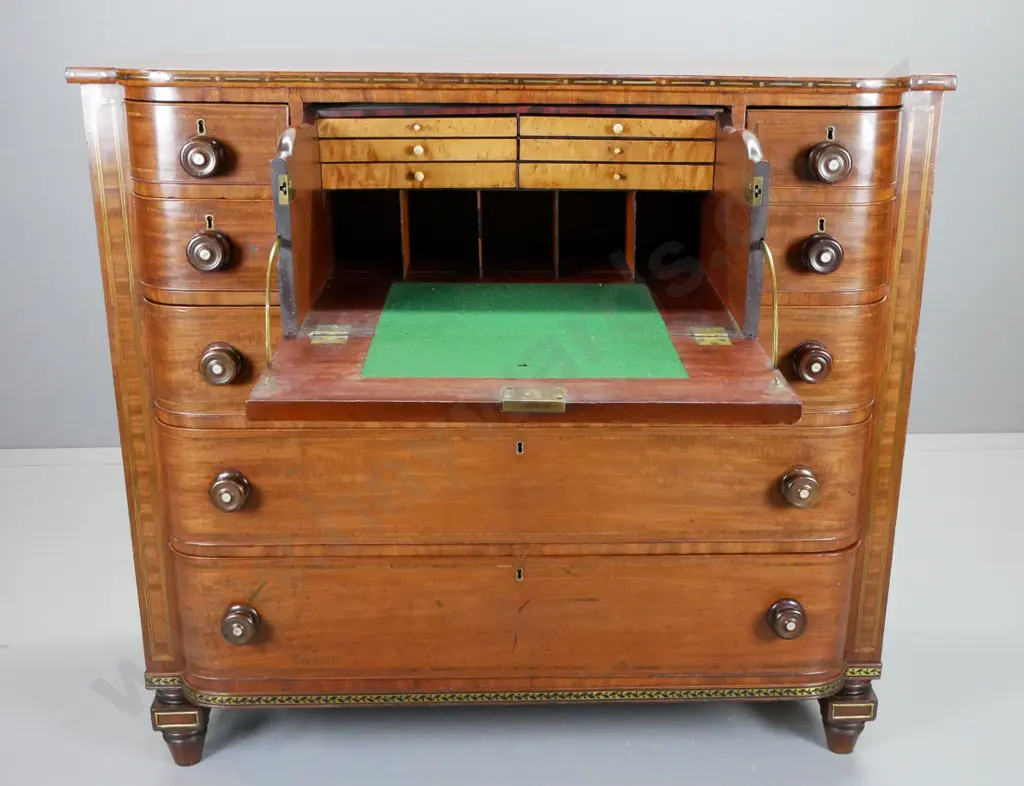 early Victorian mahogany bow-front 6-drawer chest w/central pull-out secretaire, fitted w/6 small drawers & pigeonholes, Image 1++