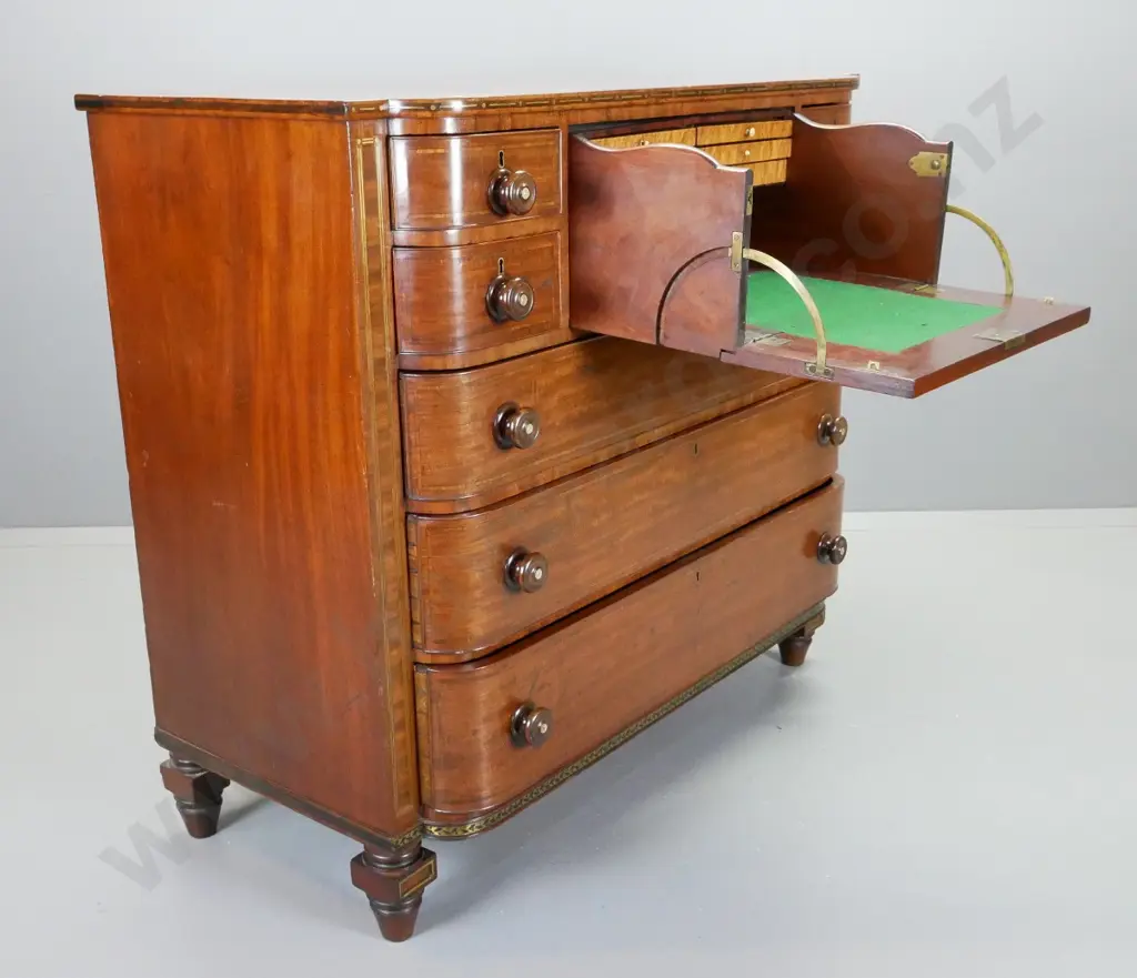 early Victorian mahogany bow-front 6-drawer chest w/central pull-out secretaire, fitted w/6 small drawers & pigeonholes, Image 1++