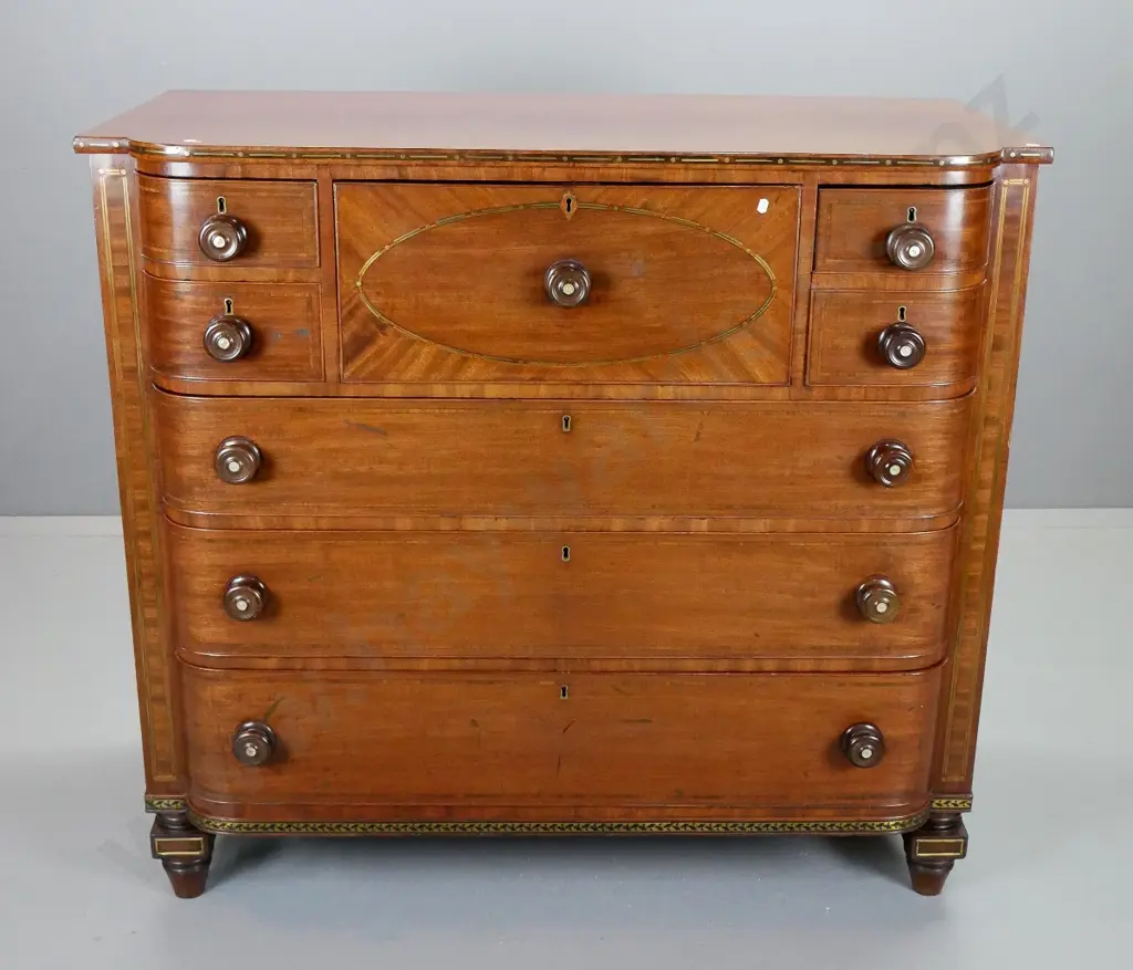 early Victorian mahogany bow-front 6-drawer chest w/central pull-out secretaire, fitted w/6 small drawers & pigeonholes, Image 1++
