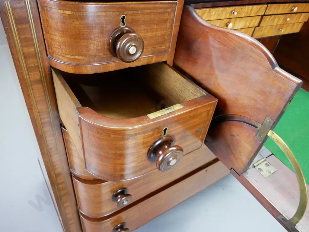 early Victorian mahogany bow-front 6-drawer chest w/central pull-out secretaire, fitted w/6 small drawers & pigeonholes, Image 1++