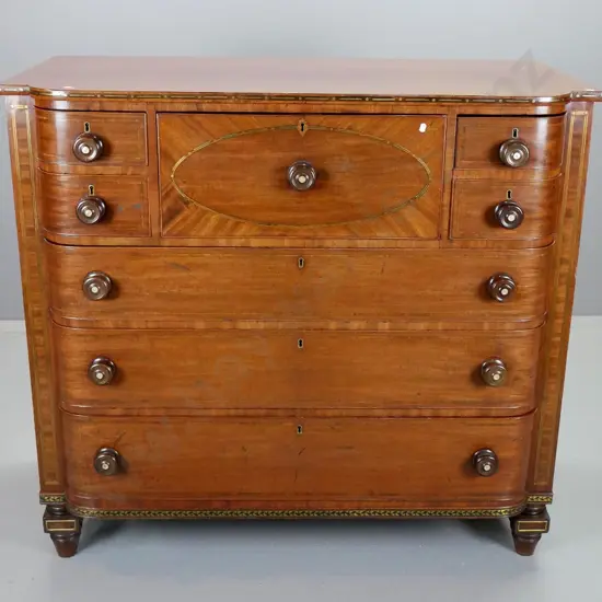 early Victorian mahogany bow-front 6-drawer chest w/central pull-out secretaire, fitted w/6 small drawers & pigeonholes,
