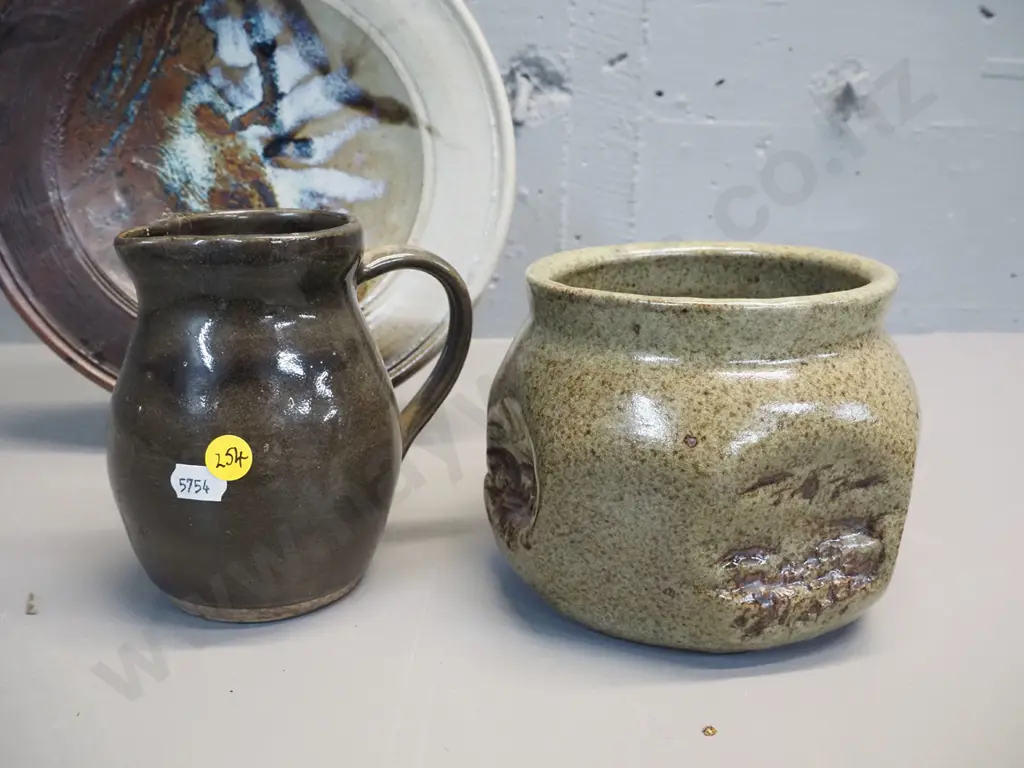 3 pieces NZ studio pottery marked IS or Isobel (Isobel Spittle) - jug, plate D-260 and bowl Image 1++