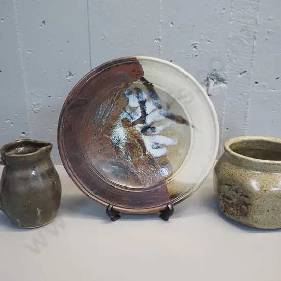 3 pieces NZ studio pottery marked IS or Isobel (Isobel Spittle) - jug, plate D-260 and bowl