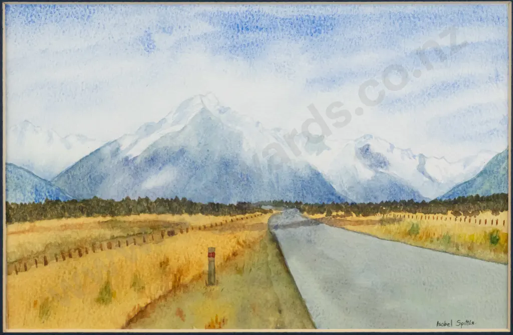 Isobel Spittle - framed watercolour "The road to Mount Cook" H-180 W-280 Image 1++