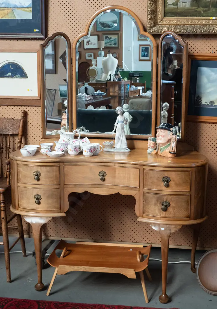 vintage beech cab-leg dressing table with 3 shaped, framed, bevelled edge mirrors, 5 drawers w/ drop handles - some Image 1++